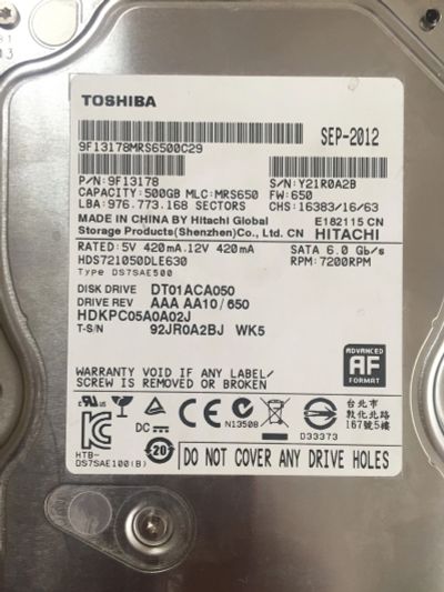 Лот: 11529421. Фото: 1. Жесткий диск Toshiba 500gb DT01ACA050... Жёсткие диски (HDD)