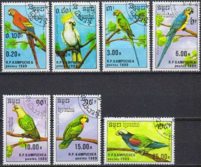 Лот: 21512856. Фото: 1. 1989. Камбоджа. Попугаи. Полная... Марки