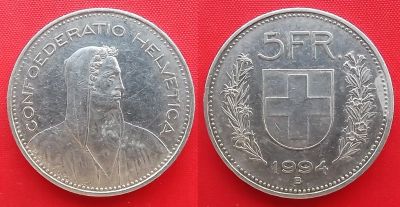 Лот: 2936061. Фото: 1. (№2933-2/LF) 5 франков 1994 (Швейцария... Европа