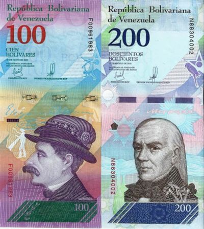 Лот: 15786321. Фото: 1. 100 и 200 боливар 2018 г. Венесуэла... Америка