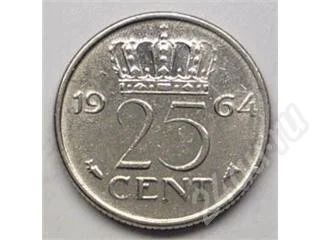 Лот: 201390. Фото: 1. Нидерланды. 25 цент 1964г. Европа