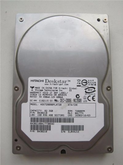 Лот: 9974722. Фото: 1. Hitachi HDS728080PLAT20 82.3 Gb. Жёсткие диски