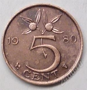 Лот: 1098886. Фото: 1. Нидерланды. 5 цент 1980г. (2). Европа