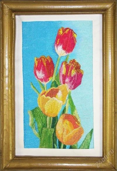 Лот: 96703. Фото: 1. Вышивка гладью (ручная) "Тюльпаны... Произведения