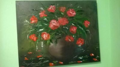 Лот: 9596995. Фото: 1. картина маслом - Розы в глиняном... Картины, рисунки