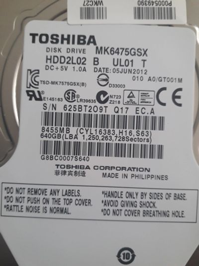 Лот: 15416549. Фото: 1. Жесткий диск 640Гб Toshiba MK6475GSX... Жёсткие диски