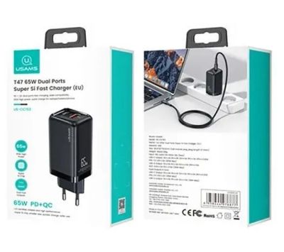 Лот: 22144287. Фото: 1. СЗУ USAMS T47 PD 2PORTS 65W GaN... Зарядные устройства, блоки питания, адаптеры сетевые для смартфонов