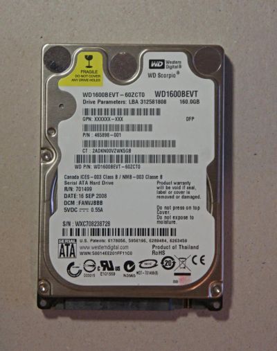 Лот: 5501031. Фото: 1. Western Digital WD WD1600BEVT. Жёсткие диски (HDD)