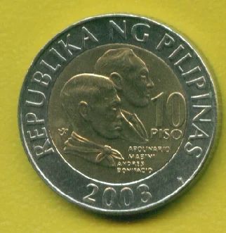 Лот: 8774716. Фото: 1. Филиппины 10 песо 2003 Биметалл... Азия