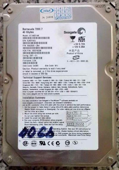 Лот: 4836035. Фото: 1. Seagate Barracuda 40Gb IDE (7200... Жёсткие диски (HDD)