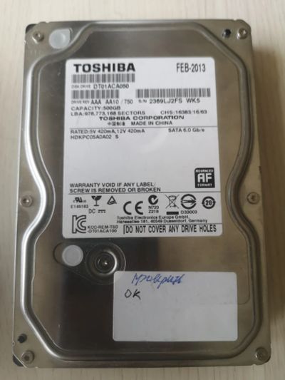 Лот: 22563019. Фото: 1. HDD SATA Toshiba 500 Gb, 2369LJ2FS. Жёсткие диски (HDD)