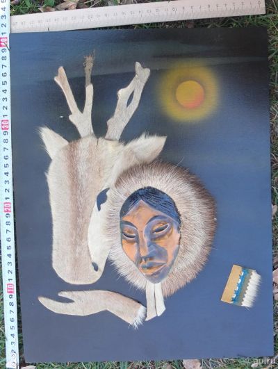 Лот: 18225305. Фото: 1. панно Чукча с оленем, мех северного... Произведения