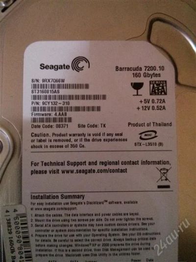 Лот: 2815873. Фото: 1. HDD 160 GB SATA-II ST3160815AS. Жёсткие диски (HDD)