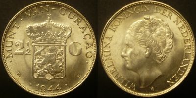 Лот: 16921363. Фото: 1. 2,5 гульдена 1944 г Кюрасао. Америка