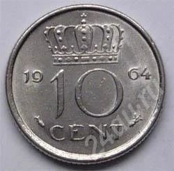 Лот: 200286. Фото: 1. Нидерланды. 10 цент 1964г. Европа