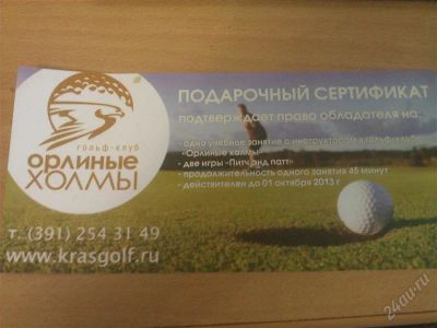 Лот: 2894128. Фото: 1. Одно учебное занятие гольфом. Подарочные сертификаты, купоны, промокоды