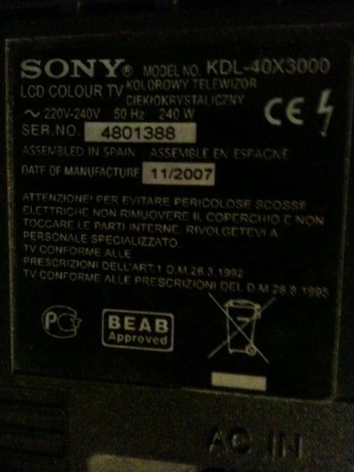 Лот: 4705346. Фото: 1. телевизор Sony KDL-40X3000 требуется... Телевизоры