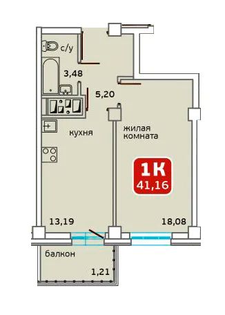 Лот: 12233321. Фото: 1. 1-комн. 41,16 кв.м. в ЖК "Енисейская... Квартиры, студии