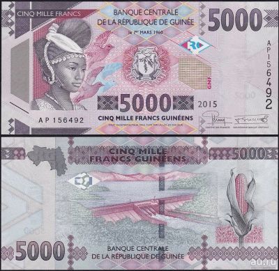Лот: 19013656. Фото: 1. Гвинея 5000 франков 2015 года... Африка