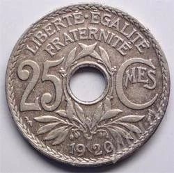 Лот: 102786. Фото: 1. Франция. 25 сантимов 1920г. Необычная... Европа
