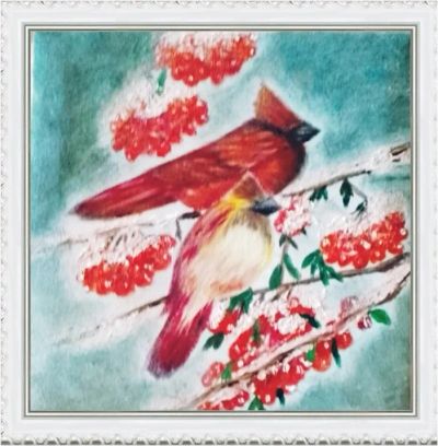Лот: 21044679. Фото: 1. Картина маслом зимний пейзаж птицы... Картины, рисунки