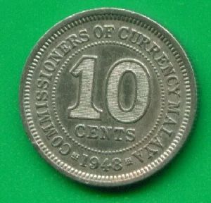 Лот: 9656035. Фото: 1. Малайя 10 центов 1948 Георг 6... Азия