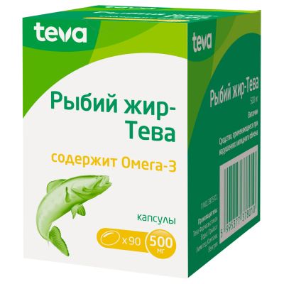 Лот: 23711011. Фото: 1. Рыбий жир-Тева капс. 500мг №90. Лекарства