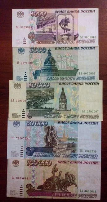 Лот: 4427884. Фото: 1. Набор банкнот 1000-100000 рублей... Россия, СССР, страны СНГ