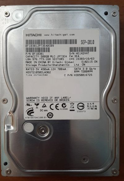 Лот: 15506086. Фото: 1. HDD Hitachi 500 GB. Жёсткие диски (HDD)