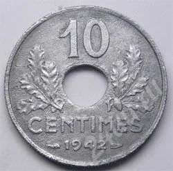 Лот: 211134. Фото: 1. Франция. 10 сантим 1942г. Цинк... Европа