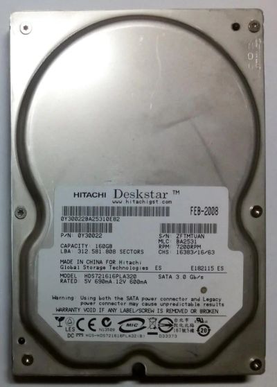 Лот: 4879268. Фото: 1. HDD / Hitachi / Model: HDS721616PLA320... Жёсткие диски (HDD)