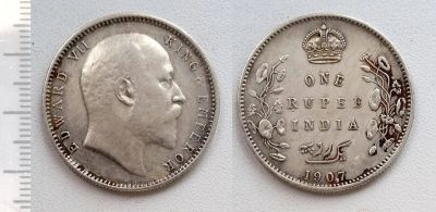 Лот: 7373596. Фото: 1. Индия. 1 рупия 1907 (серебро... Азия
