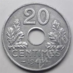 Лот: 216743. Фото: 1. Франция. 20 сантим 1943г. Цинк... Европа
