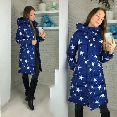 Лот: 15402096. Фото: 1. Пуховик зимний синий со звездами. Верхняя одежда