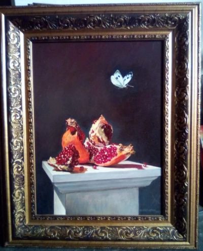 Лот: 14667940. Фото: 1. Картина "Гранаты и бабочка". Картины, рисунки