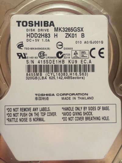 Лот: 8210697. Фото: 1. Жесткий диск Toshiba 320Gb MK3265GSX. Жёсткие диски (HDD)