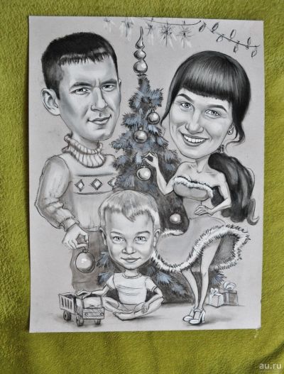 Лот: 11354258. Фото: 1. Шарж по фото. Новый год А3 чб. Картины, рисунки