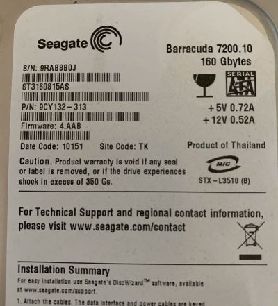 Лот: 15466745. Фото: 1. Жесткий диск Seagate ST3160815AS... Жёсткие диски (HDD)