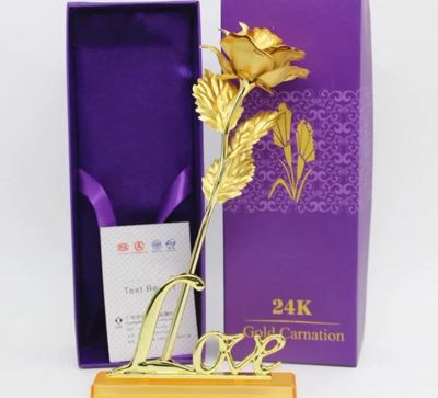 Лот: 11039871. Фото: 1. Золотая роза с подставкой, в упаковке. Подарки на 8 марта