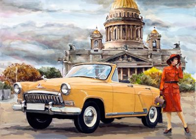 Лот: 8862407. Фото: 1. Волга ГАЗ-21 кабриолет, на фоне... Картины, рисунки