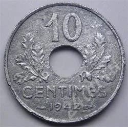 Лот: 216738. Фото: 1. Франция. 10 сантим 1942г. Цинк... Европа