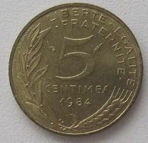 Лот: 18727333. Фото: 1. Франция 5 сантимов 1984, с рубля. Европа