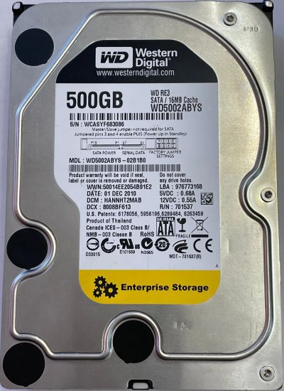 Лот: 20206247. Фото: 1. Жесткий диск 500GB WDC WD5002ABYS. Жёсткие диски (HDD)