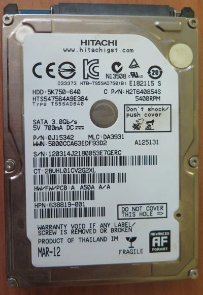 Лот: 16915428. Фото: 1. Жесткий диск Hitachi HTS547564A9E384... Жёсткие диски (HDD)