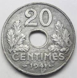 Лот: 217189. Фото: 1. Франция. 20 сантим 1941г. Цинк... Европа