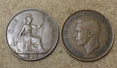 Лот: 22493175. Фото: 1. Великобритания 1 пенни 1945 года... Великобритания и острова