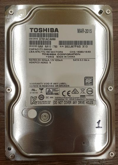 Лот: 12649822. Фото: 1. Жесткий диск HDD Toshiba 500GB. Жёсткие диски (HDD)