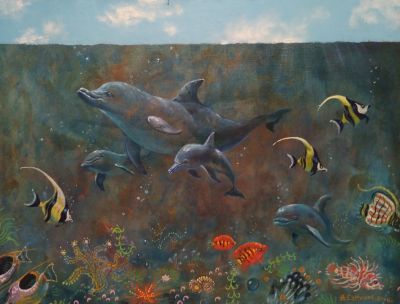 Лот: 20849177. Фото: 1. Картина маслом, "Дельфины", 2006. Картины, гравюры