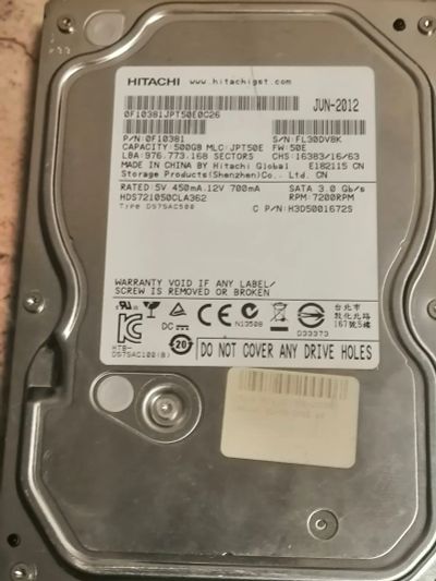 Лот: 20871342. Фото: 1. HDD Hitachi 500Gb. Жёсткие диски (HDD)