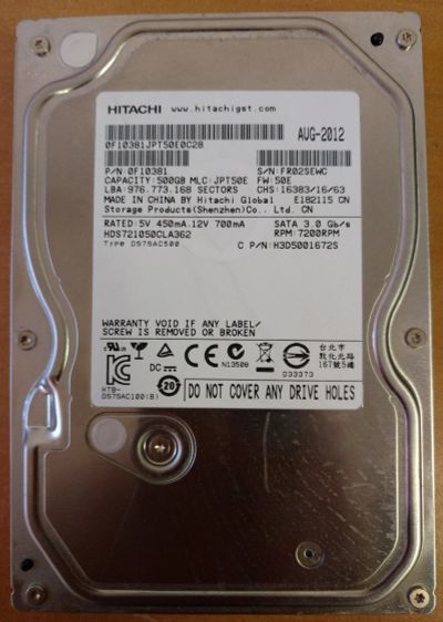 Лот: 14000758. Фото: 1. 500Gb Hitachi. Жёсткие диски (HDD)